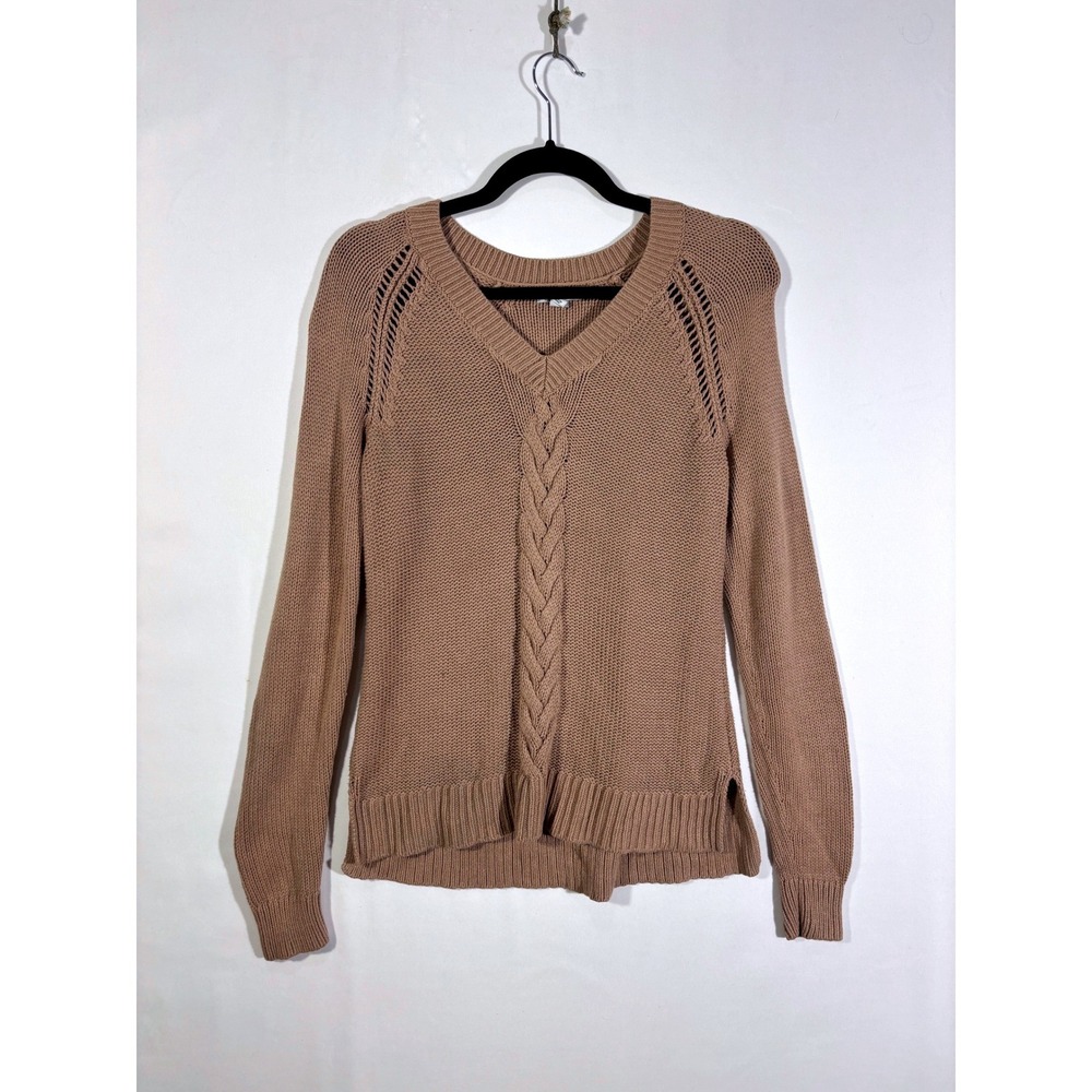 Minimalist Fall Boho Cable Knit Old Navy V-Neck Sweater Womens Small Tan
